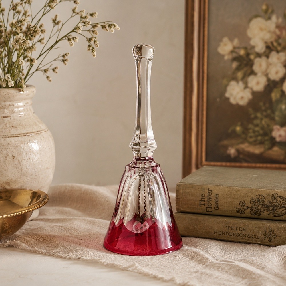 Vintage Ruby Red Flashed‎ Glass Hand Bell 6" Original Glass Clapper 1970s